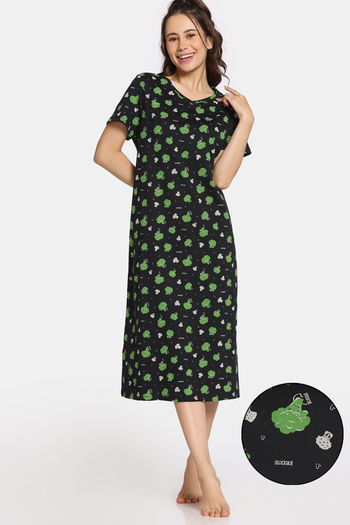 Rosaline Bon Appetit Knit Cotton Mid Length Nightdress - Black Beauty