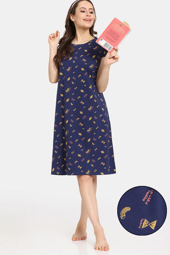 Rosaline Bon Appetit Knit Cotton Knee Length Nightdress - Ocean Cavern