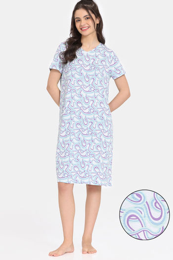 Rosaline Disco Daze Knit Cotton Knee Length Nightdress - Ancient Water