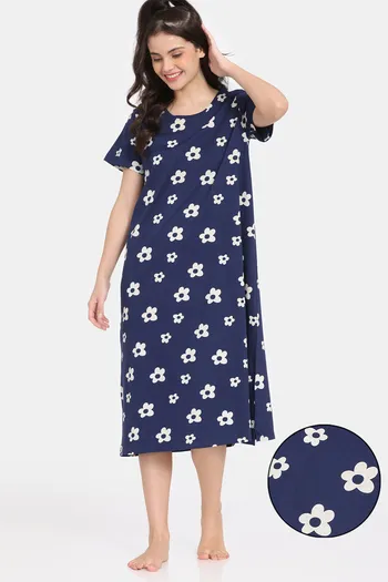 Rosaline Disco Daze Knit Cotton Mid Length Nightdress - Ocean Cavern