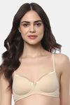 Soie Medium Coverage Padded Non-Wired Satin Panelled T-Shirt Bra - Beige — thumbnail 1
