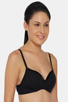 Soie Medium Coverage Padded Non-Wired Satin Panelled T-Shirt Bra - Black — thumbnail 2