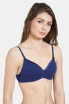 Soie Medium Coverage Padded Non-Wired Satin Panelled T-Shirt Bra - Navy — thumbnail 2