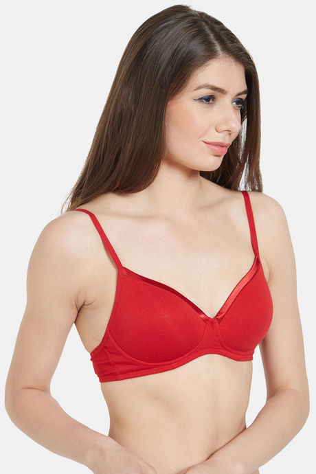 Soie Medium Coverage Padded Non-Wired Satin Panelled T-Shirt Bra - Red — image 2
