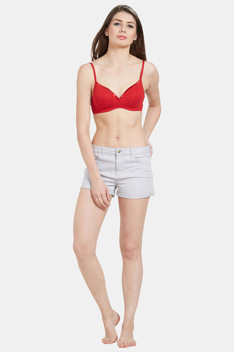 Soie Medium Coverage Padded Non-Wired Satin Panelled T-Shirt Bra - Red — image 5