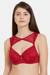 Soie Medium Coverage Non Padded Wired Lace Demi Cup Bra - Wild Red — thumbnail 1