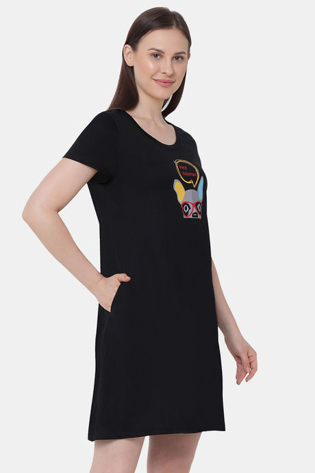 Soie Cotton Modal Knee Length Nightdress - Black — image 2
