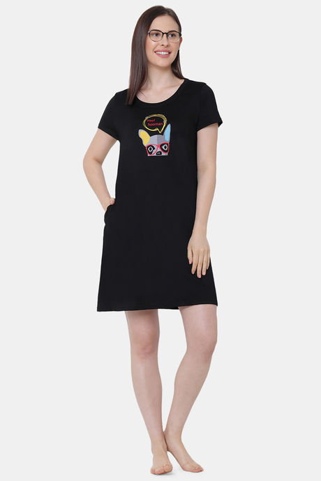 Soie Cotton Modal Knee Length Nightdress - Black — image 5