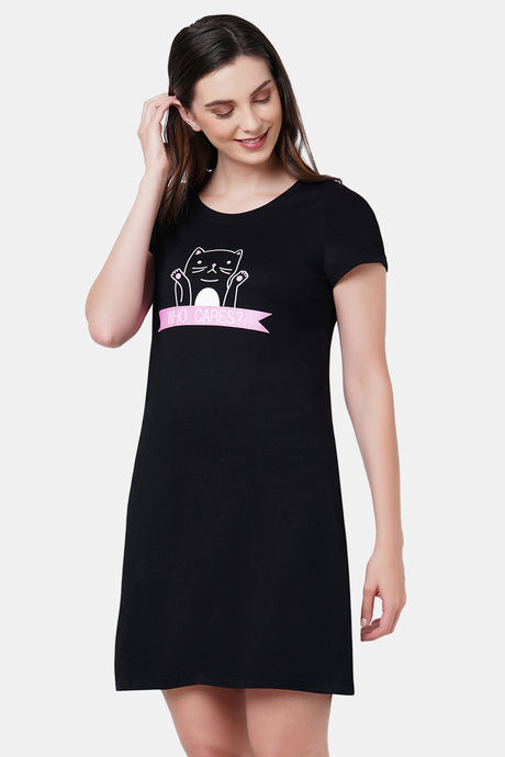 Soie Cotton Modal Knee Length Nightdress - Black — image 3