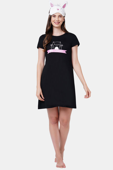 Soie Cotton Modal Knee Length Nightdress - Black — image 6