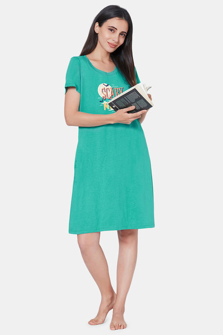 Soie Cotton Modal Knee Length Nightdress - Green — image 5