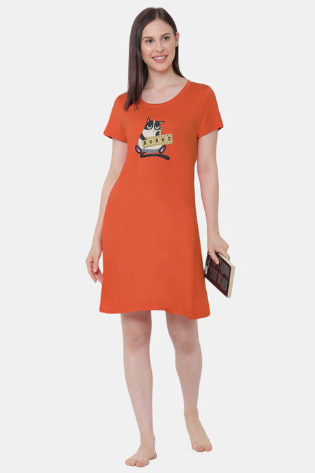 Soie Cotton Modal Knee Length Nightdress - Orange — image 5