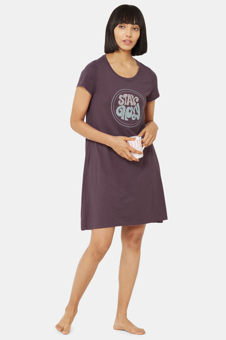 Soie Cotton Modal Knee Length Nightdress - Purple — image 5