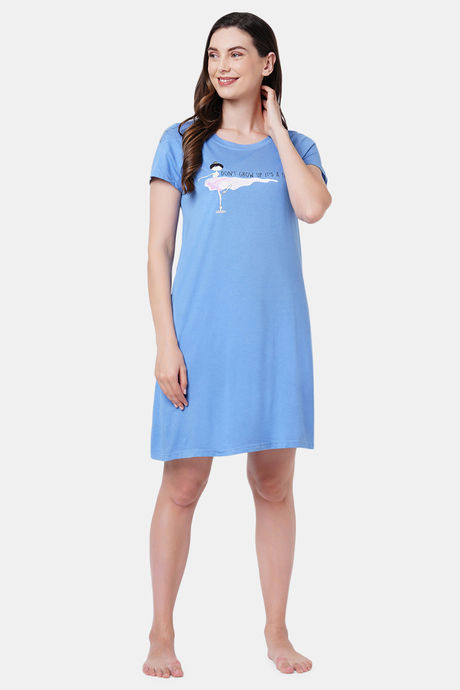 Soie Cotton Modal Knee Length Nightdress - Blue — image 5
