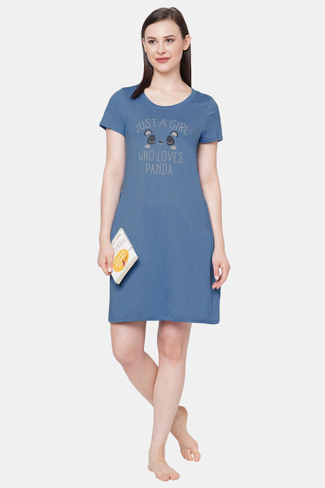 Soie Cotton Modal Knee Length Nightdress - Blue — image 5