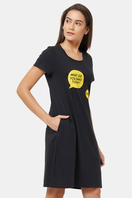 Soie Cotton Modal Knee Length Nightdress - Black — image 2