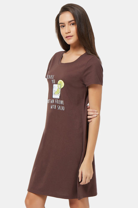 Soie Cotton Modal Knee Length Nightdress - Brown — image 3