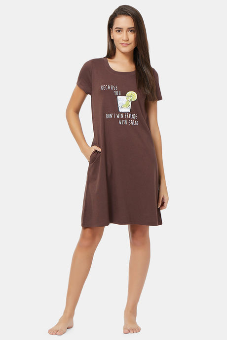 Soie Cotton Modal Knee Length Nightdress - Brown — image 5