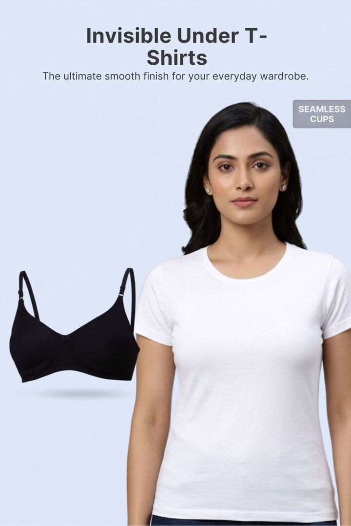 Incare Non Padded Non Wired Full Coverage T-Shirt Bra - Black — image 5