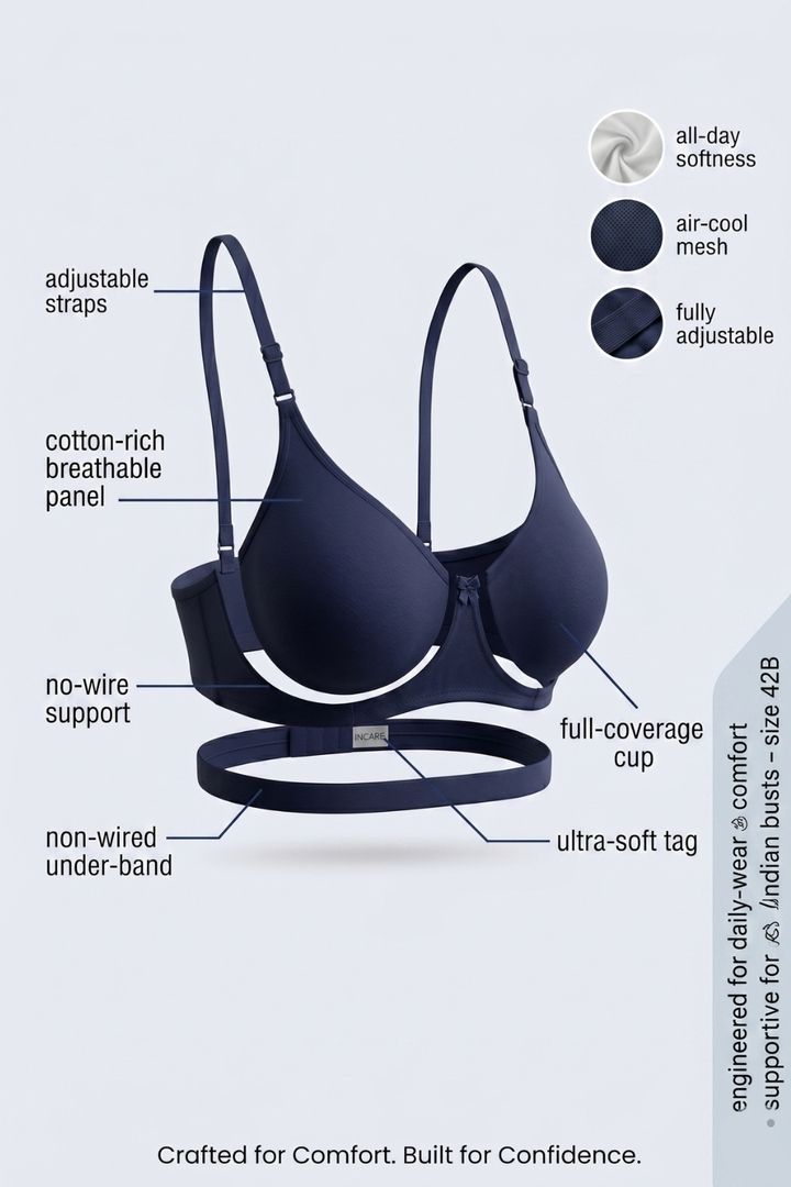 Incare Non Padded Non Wired Full Coverage T-Shirt Bra - Navyblue — image 3