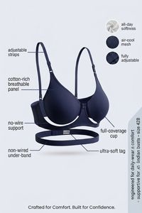 Incare Non Padded Non Wired Full Coverage T-Shirt Bra - Navyblue — thumbnail 3