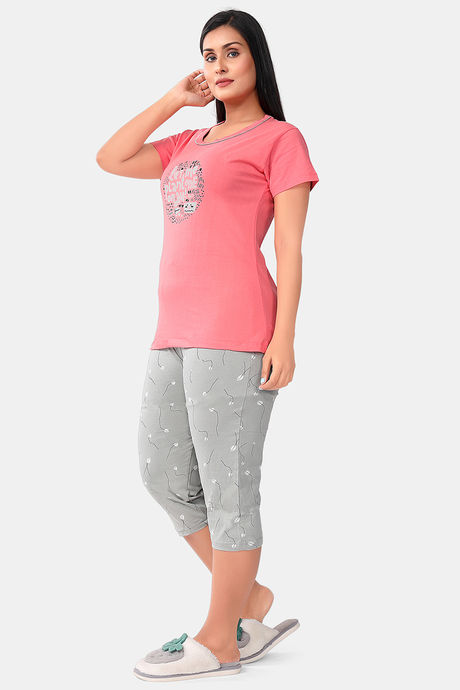 Sweet Moon Knit Cotton Capri Set - Peach & Grey Combination — image 3