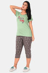 Sweet Moon Knit Cotton Capri Set - Pista And Brown Combination — thumbnail 2