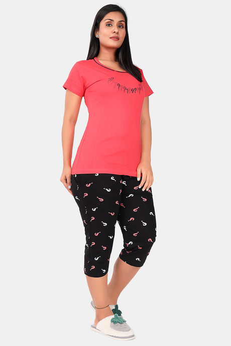Sweet Moon Knit Cotton Capri Set - Tomato Red And Black Combination — image 2