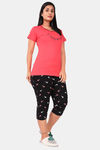 Sweet Moon Knit Cotton Capri Set - Tomato Red And Black Combination — thumbnail 2