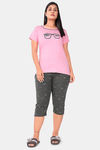 Sweet Moon Knit Cotton Capri Set - Light Pink And Grey Combination — thumbnail 1
