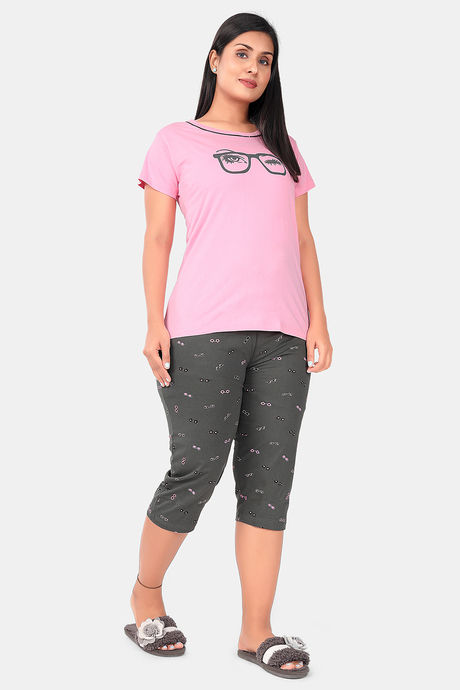 Sweet Moon Knit Cotton Capri Set - Light Pink And Grey Combination — image 2