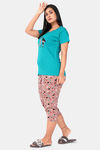 Sweet Moon Knit Cotton Capri Set - Ocean Blue And Peach Combination — thumbnail 3
