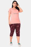 Sweet Moon Knit Cotton Capri Set - Peach And Brown Combination — thumbnail 1