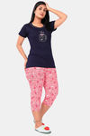 Sweet Moon Knit Cotton Capri Set - Navy Blue And Peach Combination — thumbnail 2