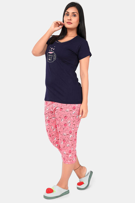 Sweet Moon Knit Cotton Capri Set - Navy Blue And Peach Combination — image 3