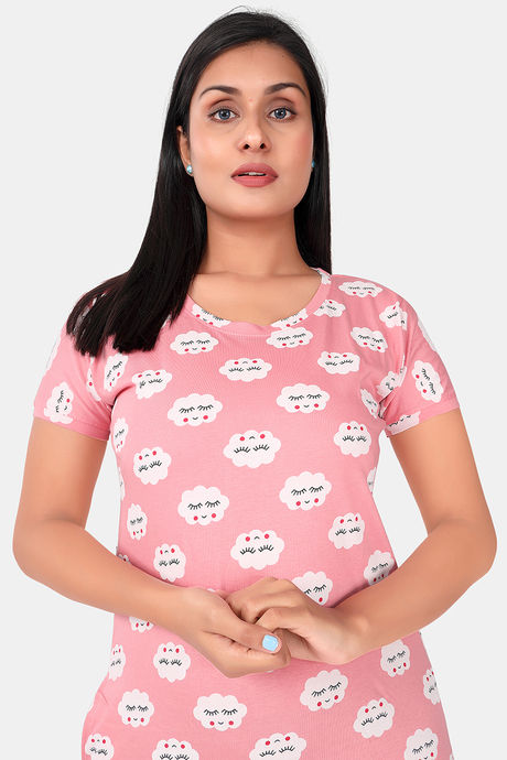 Sweet Moon Knit Cotton Mid Length Nightdress - Baby Pink — image 4