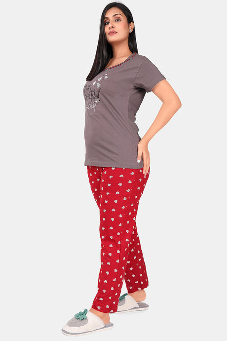 Sweet Moon Knit Cotton Pyjama Set - Grey And Red Combination — image 3