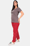 Sweet Moon Knit Cotton Pyjama Set - Grey And Red Combination — thumbnail 3