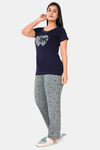 Sweet Moon Knit Cotton Pyjama Set - Navy Blue And Ash — thumbnail 3