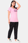 Sweet Moon Knit Cotton Pyjama Set - Baby Pink And Black Combination — thumbnail 2