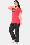 Sweet Moon Knit Cotton Pyjama Set - Red And Black Combination — thumbnail 3