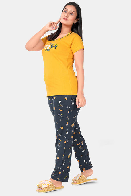 Sweet Moon Knit Cotton Pyjama Set - Yellow And Anvy Blue Combination — image 3