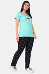 Sweet Moon Knit Cotton Pyjama Set - Aqua Blue And Black Combination — thumbnail 2