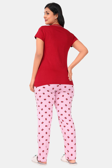 Sweet Moon Knit Cotton Pyjama Set - Red And Light Pink — image 4