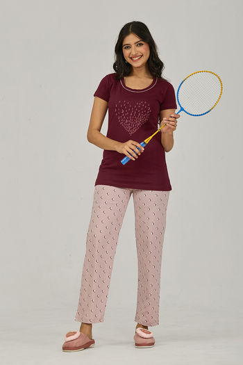 Sweet Moon Knit Cotton Pyjama Set - Nudeviolet Darkmarun