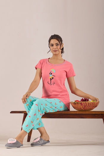 Sweet Moon Knit Cotton Pyjama Set - Aqua Pastelpink