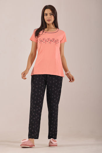 Sweet Moon Knit Cotton Pyjama Set - Black Peach