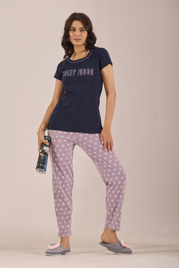 Sweet Moon Knit Cotton Pyjama Set - Violet Navyblue