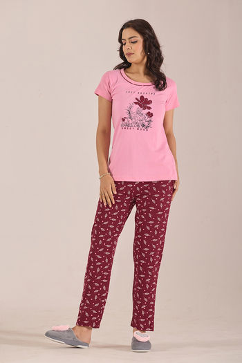 Sweet Moon Knit Cotton Pyjama Set - Darkpink Lightpink