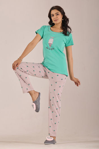 Sweet Moon Knit Cotton Pyjama Set - Nudeviolet Aqua